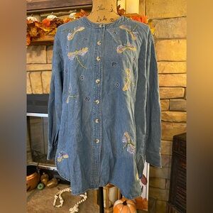 Quacker Factory Embroidered Denim Shirt with Dragonfly Design